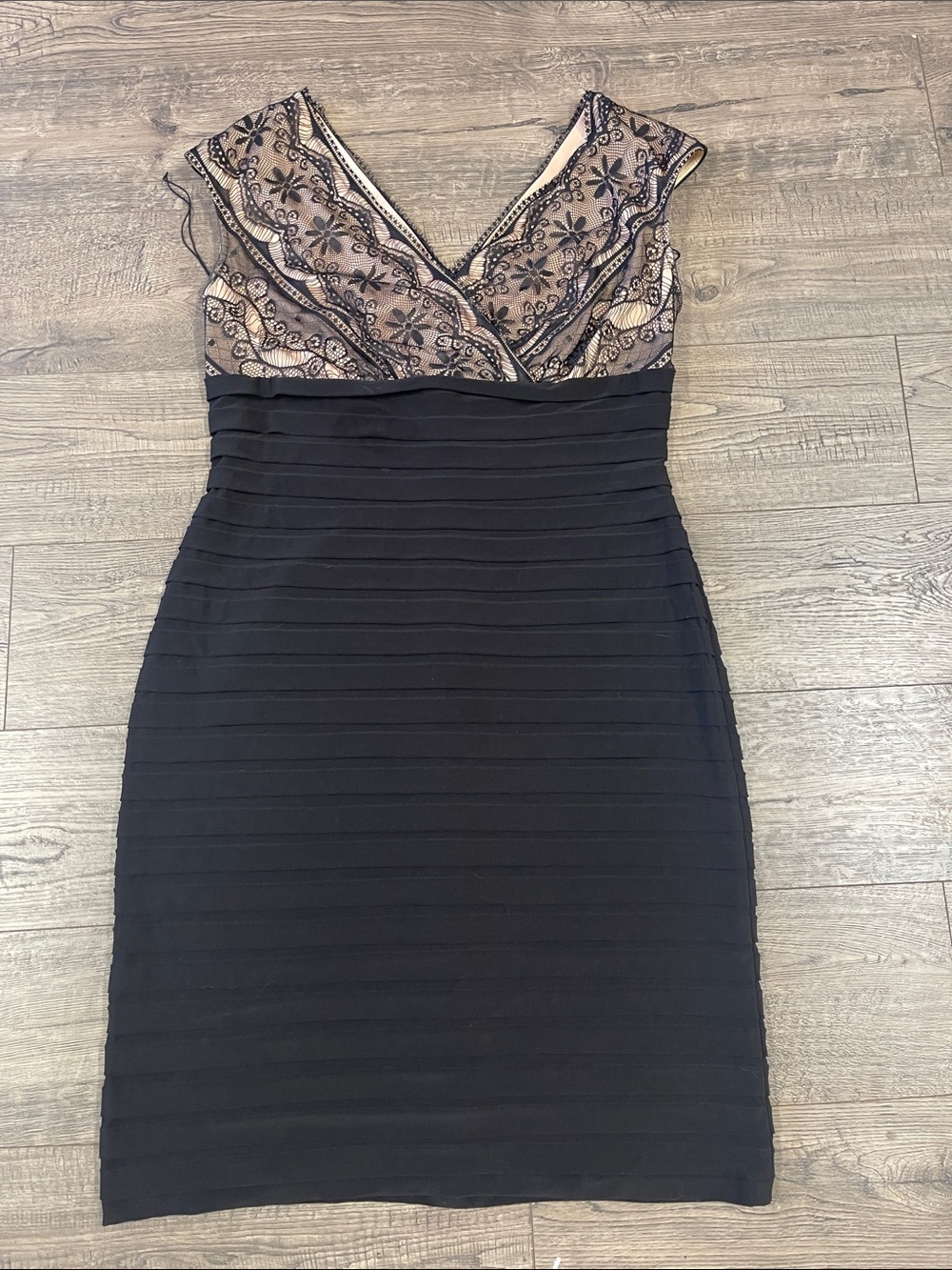 Signature Black Midi Dress with Nude Lace Overlay